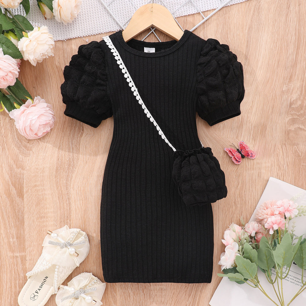 Kids' lightweight bubble sleeve short-sleeve crew neck solid color dress with bubble detail