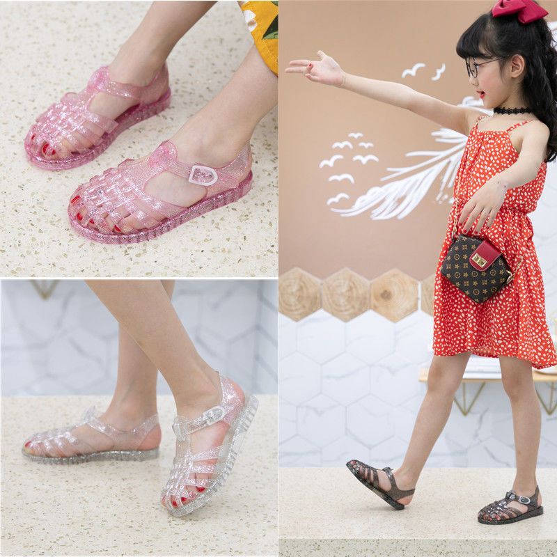 new summer closed-toe women's hollow-out sandals, fine glitter flat crystal roman sandals, jelly shoes, rain boots, kids' shoes