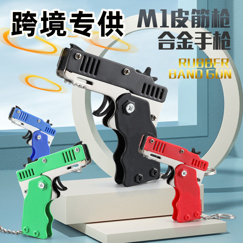 exclusive metal folding rubber band gun, rubber band shooting boy gift pendant, children's toy gun model