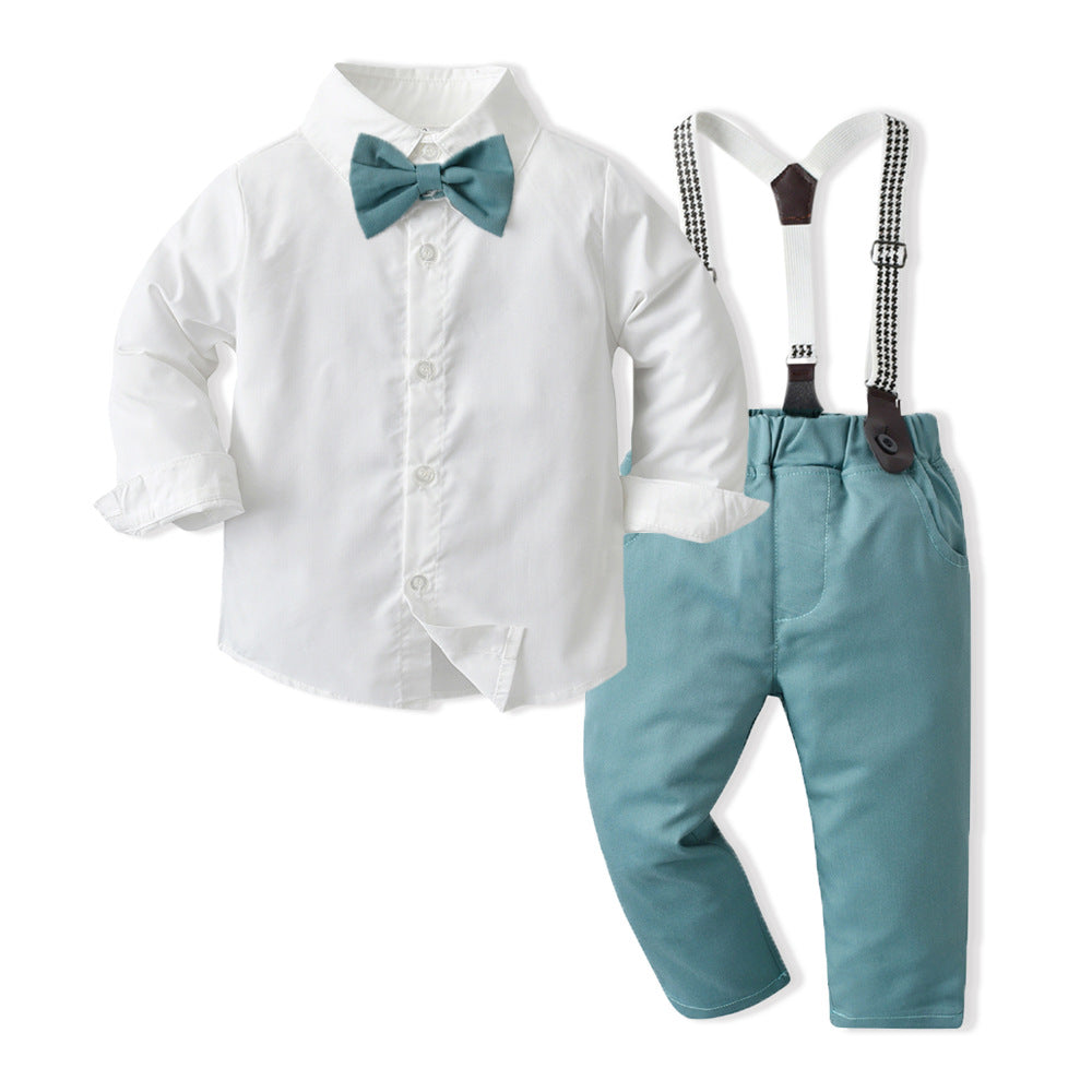 K-style children's clothing kidssuitlong sleevesshirt suspender two-piece set 61 spring & fallnew arrivalboys' first birthday dress