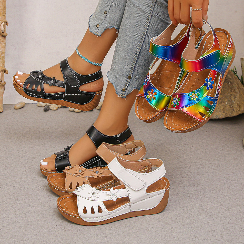 export plus size wedge heel women's sandals summer new hollow-out one-strap sandals beach thick-soled floral sandals