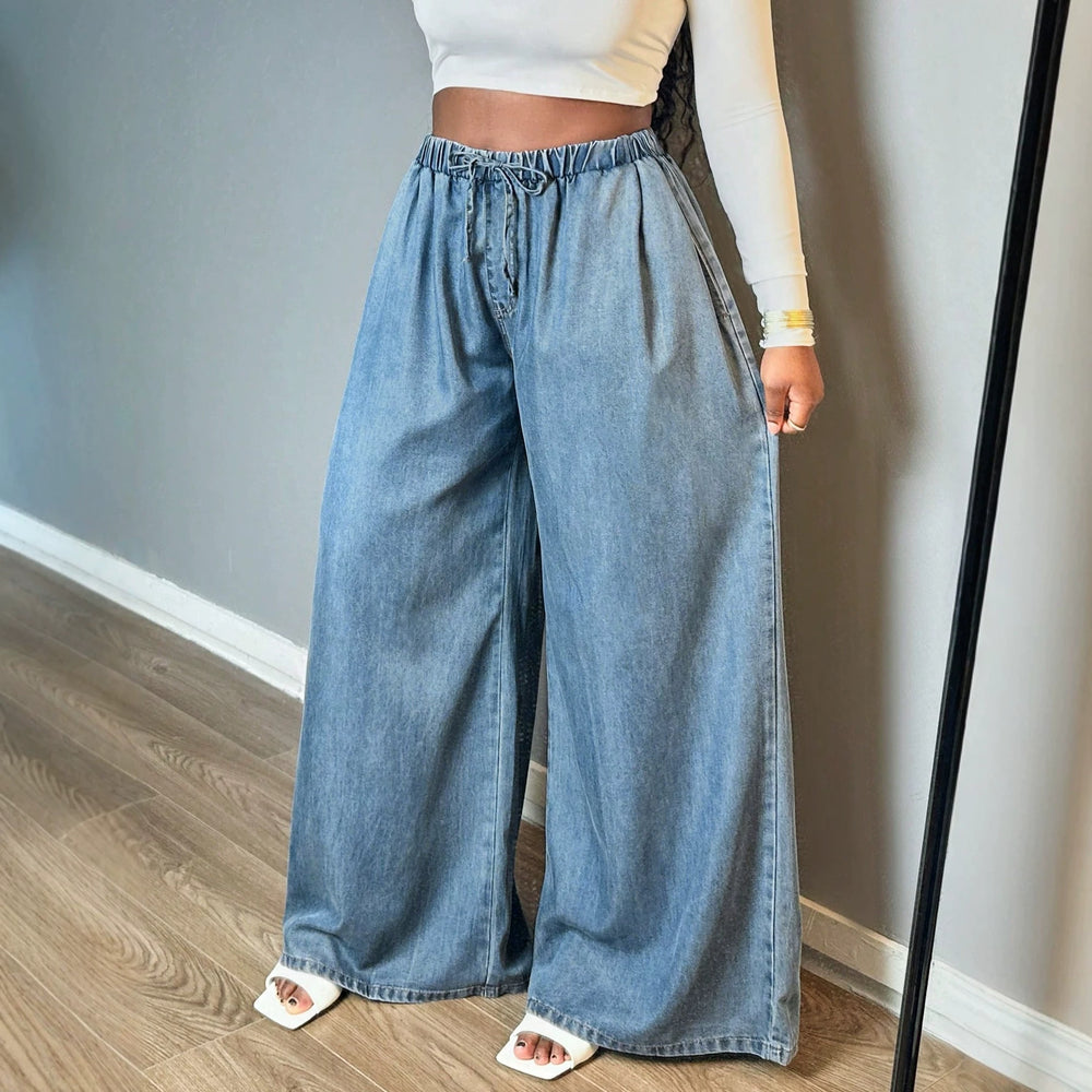 Fashionjeans women's elastic waist drawstring wide-leg jeans light blue washed loosedrapedmoppants