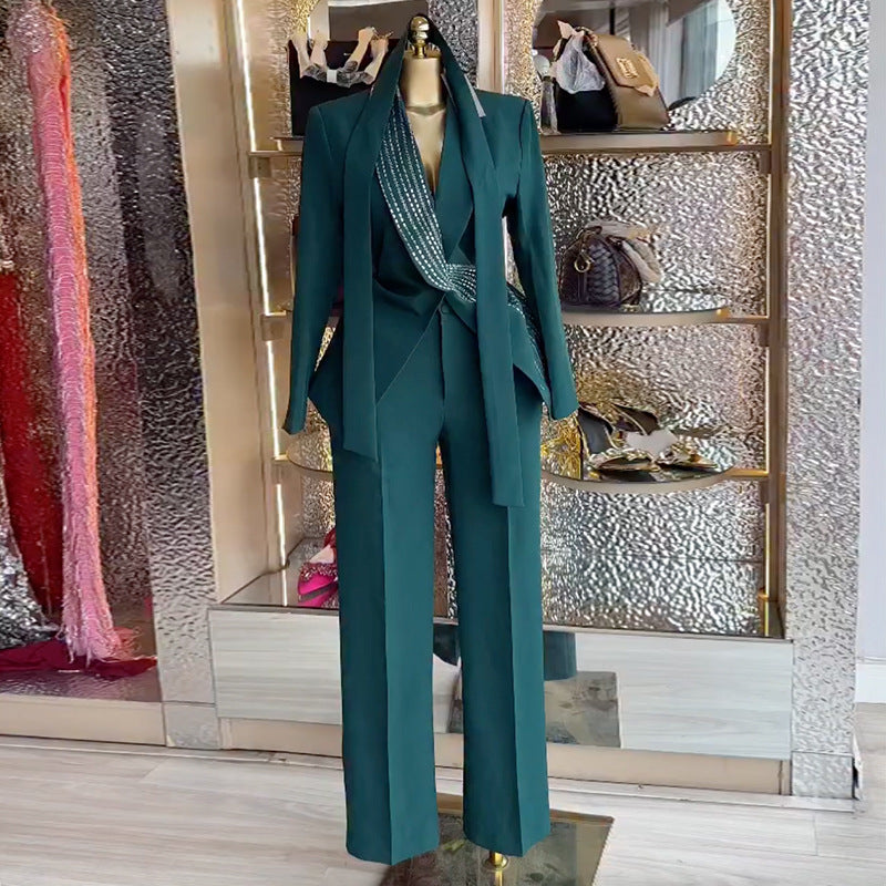 European and american cross-border women's fashion  spring new arrival: elegant solid color tie-waist blazer and high-waisted pants set