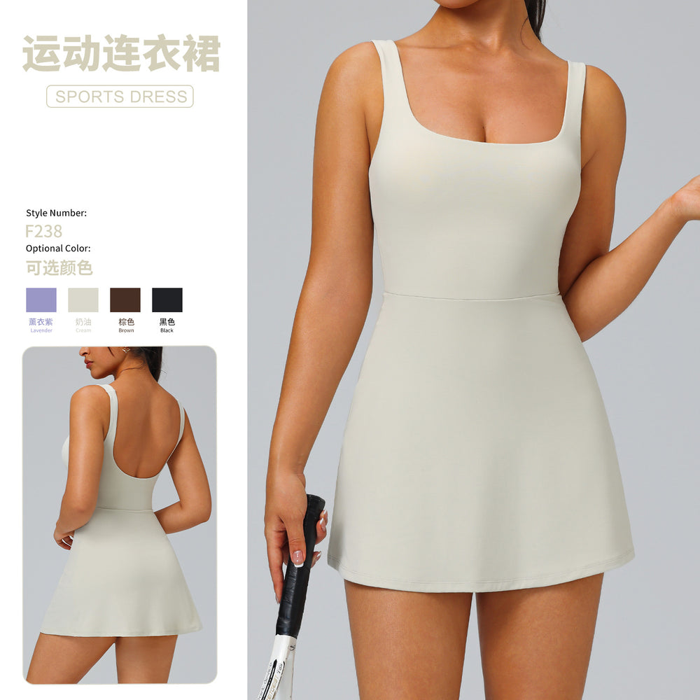 Fashion nude back sports dress women's fake two-piece set fashion tape golf flap pocket pants one-piece tennis skirt
