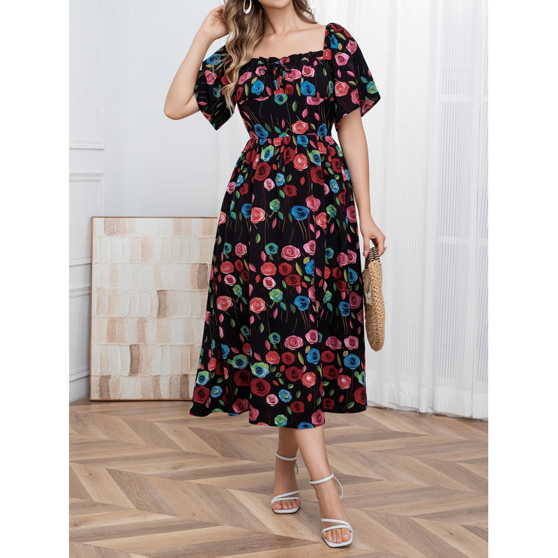 code new arrival  women's original fashion square neck lace high waist printingdress