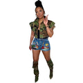 European and american style camouflage short-sleeve jacket -  cross-border women's streetwear turn-down collar ruffle sleeve denim jacket