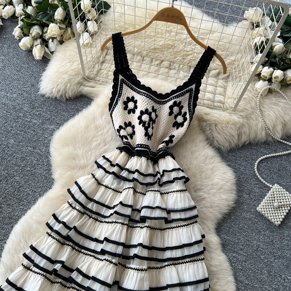 Gentle wind stripes suspender pure desire hook flower dress women's summer waist slimming look cake skirt french long skirt