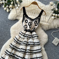Gentle wind stripes suspender pure desire hook flower dress women's summer waist slimming look cake skirt french long skirt