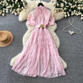 French romantic pink hollow-out lace dress - women's summer a-line maxi dress with cinched waist - high-end elegant style