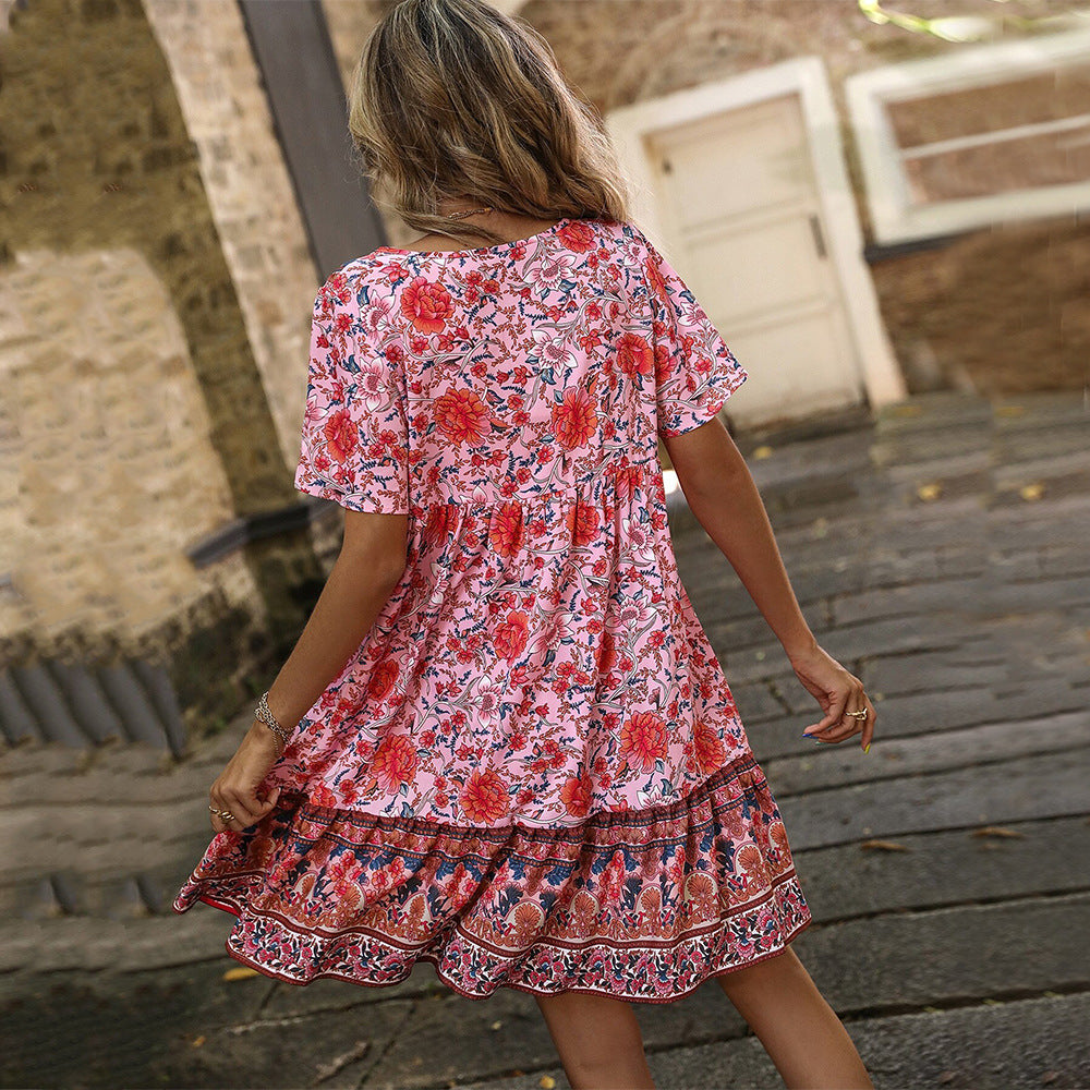 women's floral print v-neck loose fit casual bohemian vacation dress - plus size high-end women's apparel