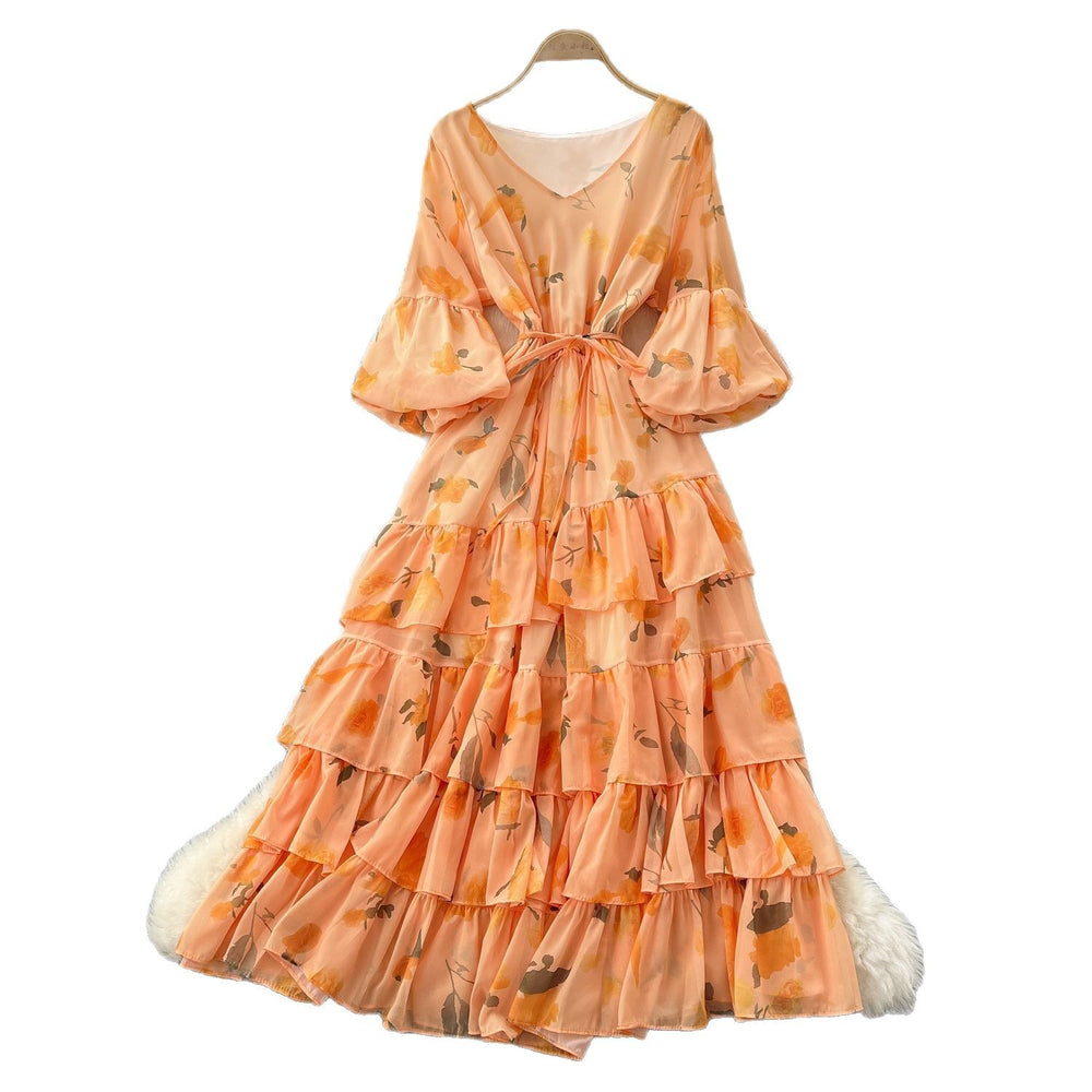 French round neck lantern sleeve drawstring waist printingdress women slimming lookeleganteleganceruffles chiffon long skirt