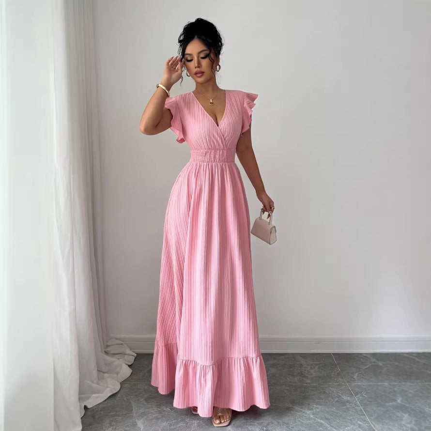 fashion cross-border french elegant waist v neck long dress pink dress