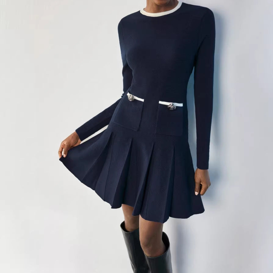 autumn ins women's long sleeves pleated knittingknitting long sleeves high waistdress