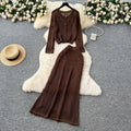 Elegant two-piece set: korean style soft hollow-out crochet round neck knit cardigan top + high-waisted bodycon midi skirt