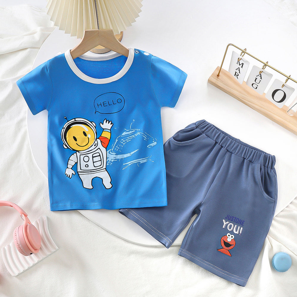 summer kids' short-sleeve set: toddler & children's pure cotton denim casual short-sleeve & shorts two-piece outfit - dropshipping available