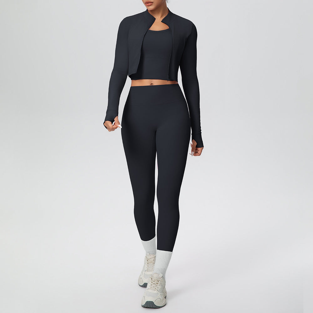 pure color brushed tight high-elastic breathable vest long three-piece set sports running fitness yoga suit