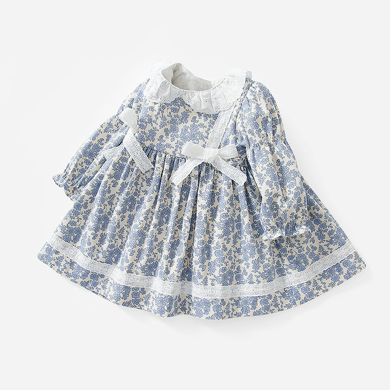 New girls' spring/autumn dresses: floral print long-sleeve princess dress with lace and bow detail - wholesale