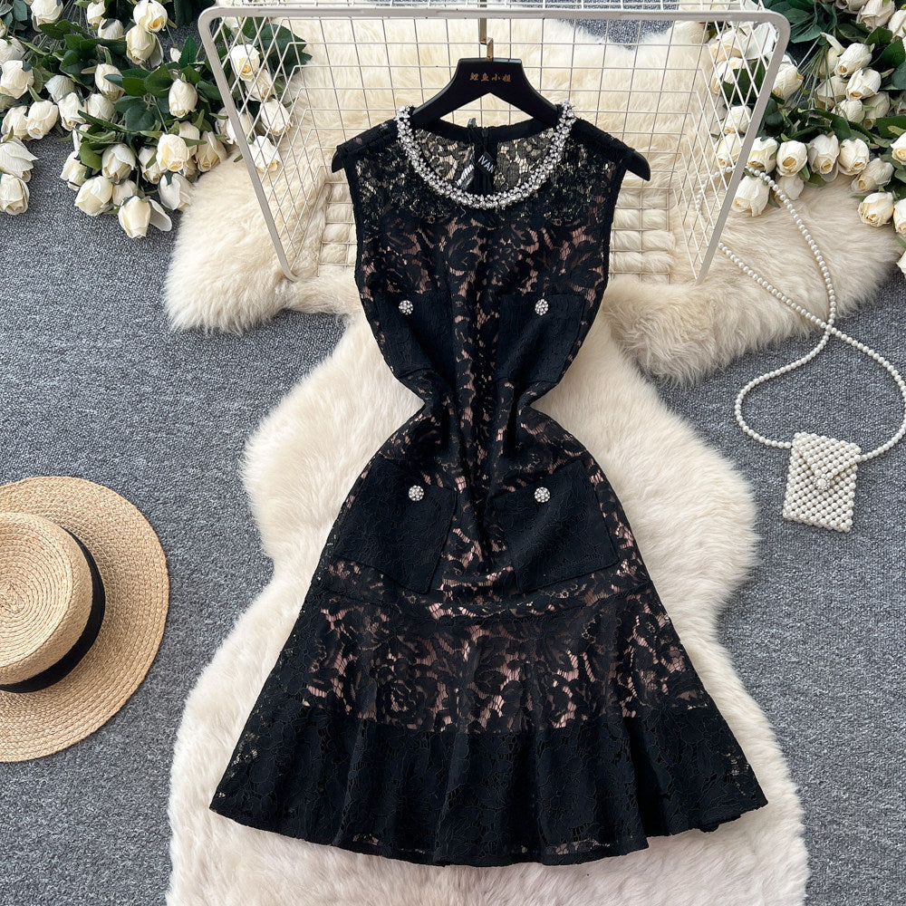 Qianjin feng heavy industry diamond round neck water soluble lacecut out sleeveless dress women's k-stylehigh waistwork clothing silm