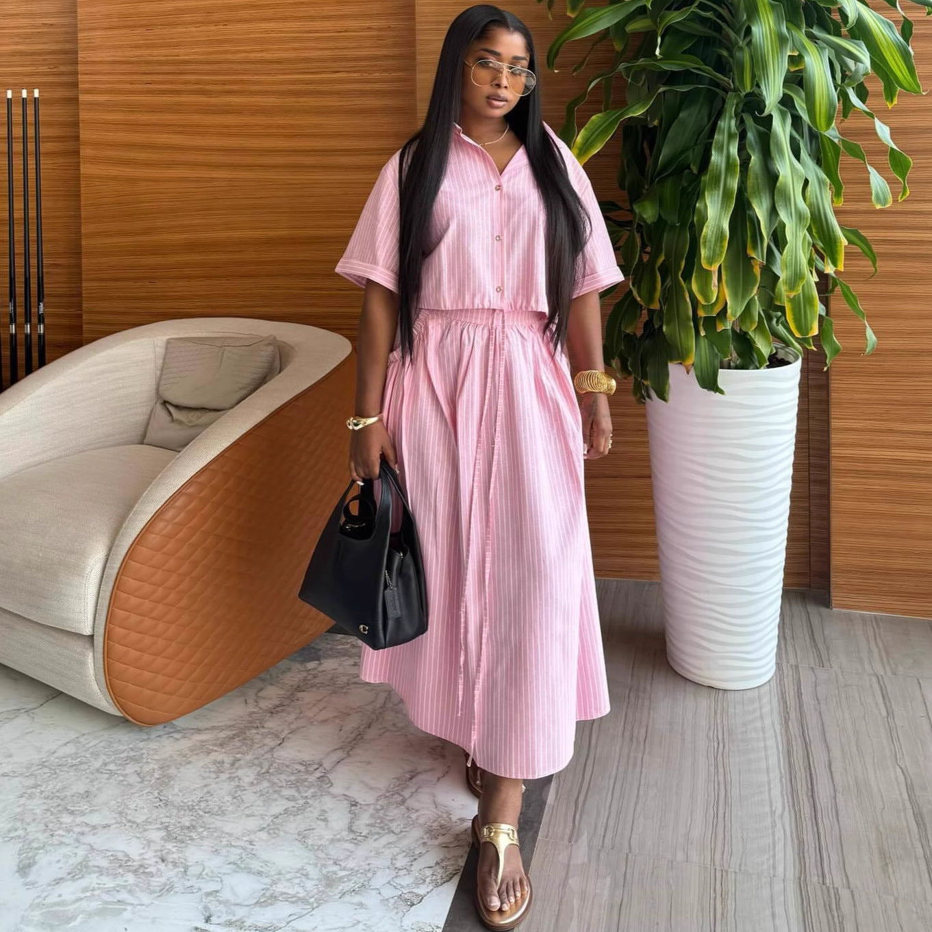 European and American lapel striped short-sleeved cardigan shirt high waist slim-fitting strap skirt African new fashion two-piece set