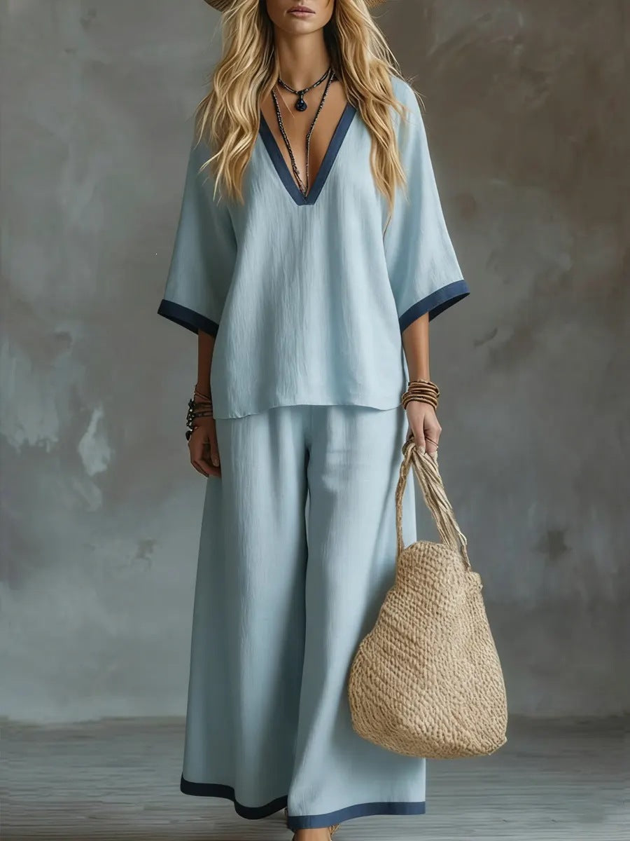 fashion women's summer two-piece set: casual solid color v-neck loose-fit short sleeve top and pants