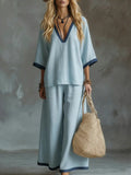fashion women's summer two-piece set: casual solid color v-neck loose-fit short sleeve top and pants