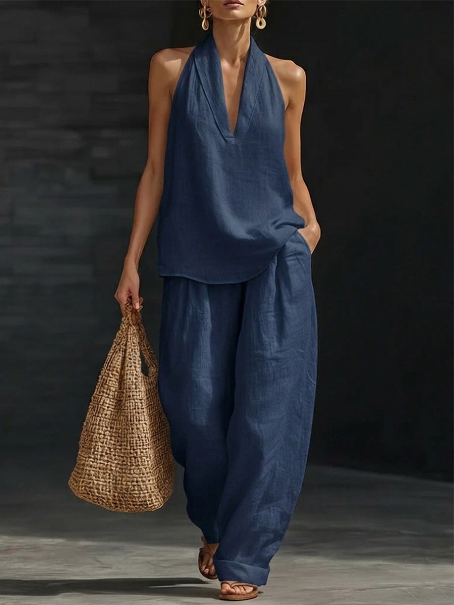 spring/summer hot seller: french chic halter v-neck open-back top & cool, comfortable, slimming wide-leg pant set