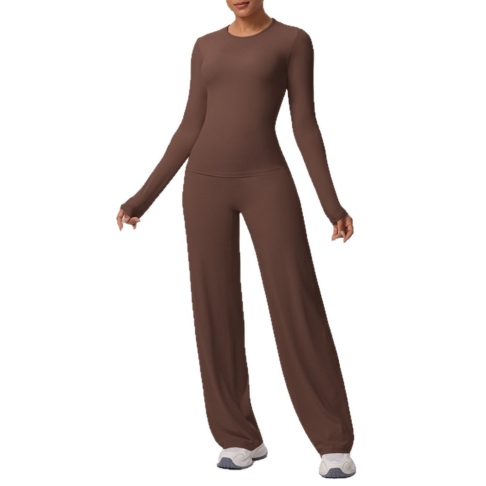 double-sided brushed pure color tight training long sleeves wide-leg yoga suit sports running fitness two-piece set