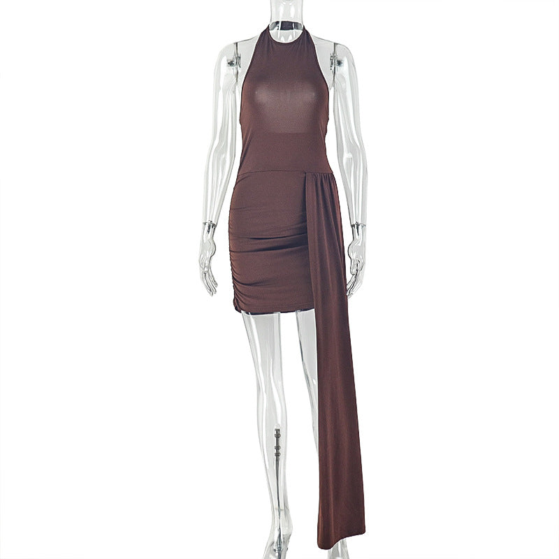 European and american style cross-border solid color design women's tie-up slimming bodycon mini dress with round neck - wholesale
