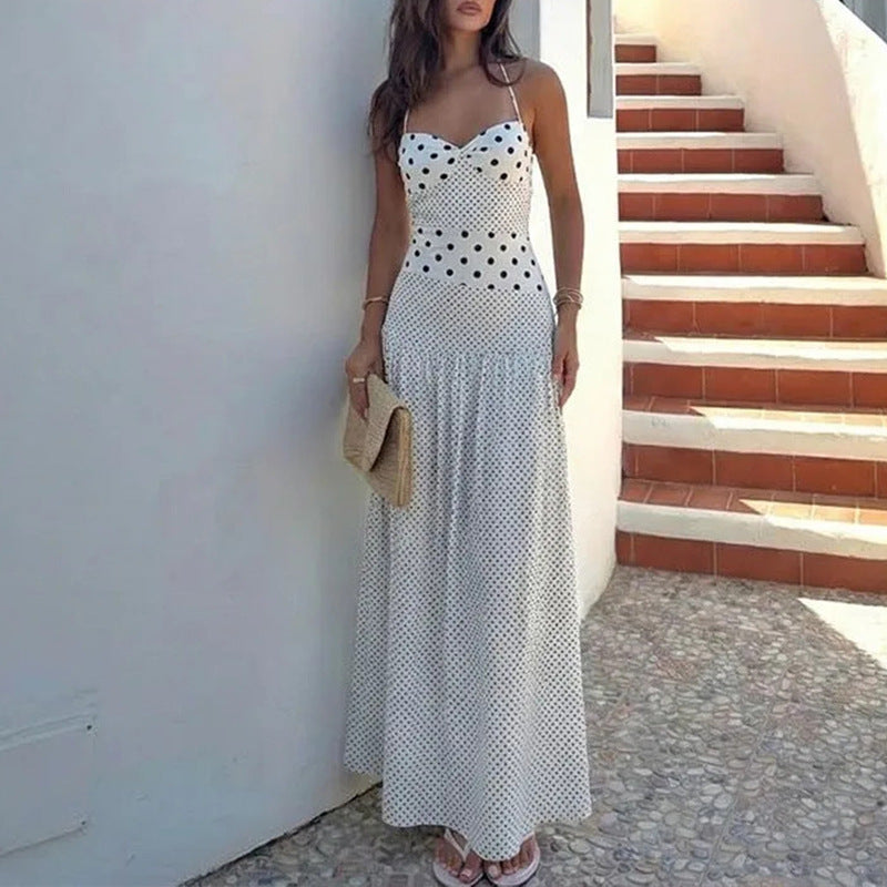 summer new women's fashion: cross-border european and american sexy halter polka dot ruched waist maxi dress