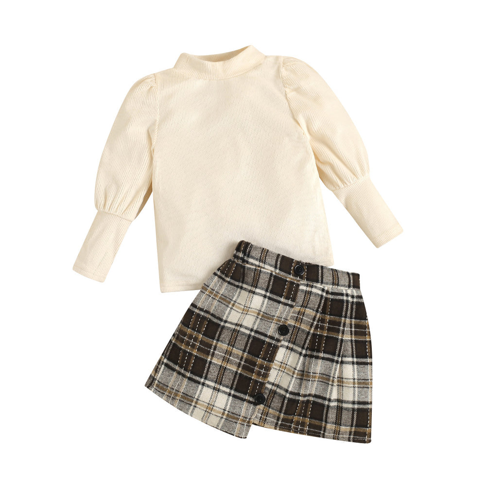 autumn cross-border exclusive: girls' long-sleeve ribbed knit top + irregular plaid mini skirt two-piece set