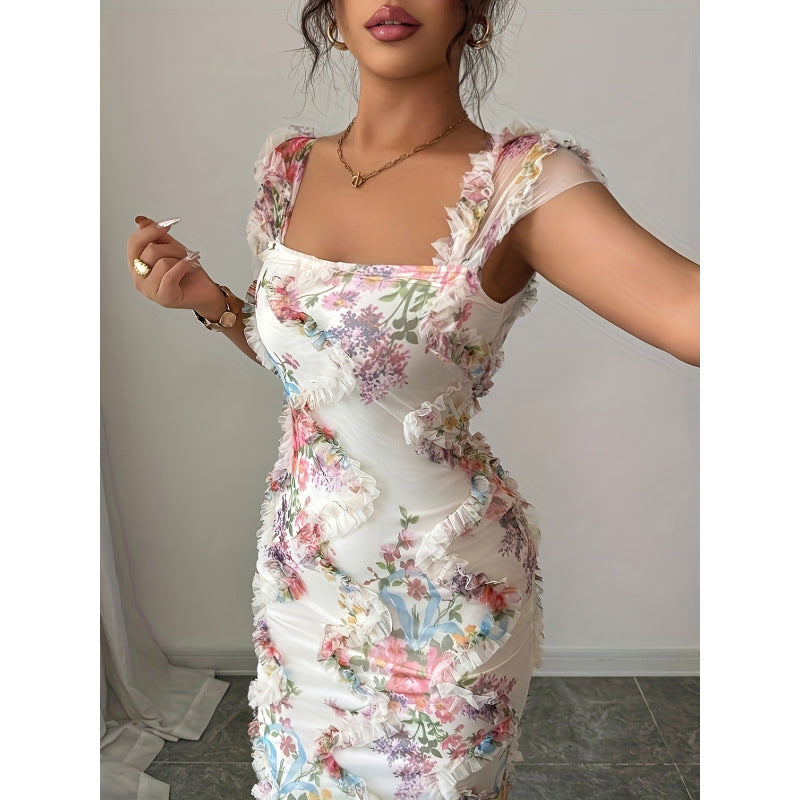 Women's elegant romantic mesh floral print ruched midi dress - perfect for weddings, parties, and dates