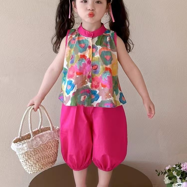 【comfortable neckline】girls' summer outfit set  new style baby floral tank top summer clothes little girl chic