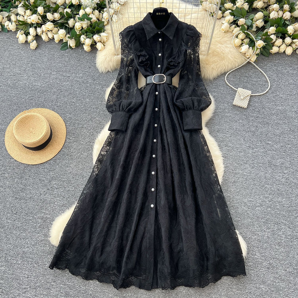 Luxury chic polo collar dress - spring collection: exquisite embroidered mesh, unique design, ethereal and elegant maxi dress