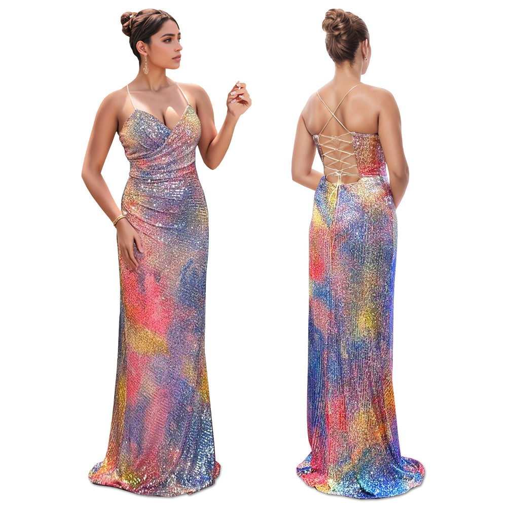 C7351 cross-border   fashion women's sexy spaghetti strap sequin bodycon sleeveless dress
