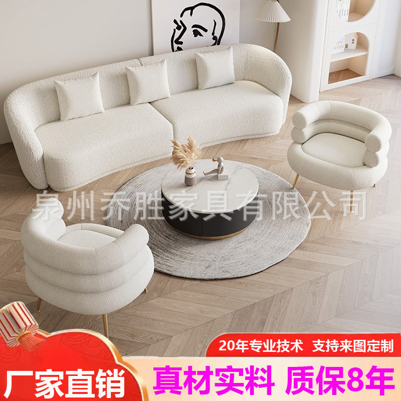 Wabi-sabi style lambswool cloud sofa, perfect for b&bs, photography studios, bridal shops, beauty salons, and reception areas. includes sofa, table, and chairs