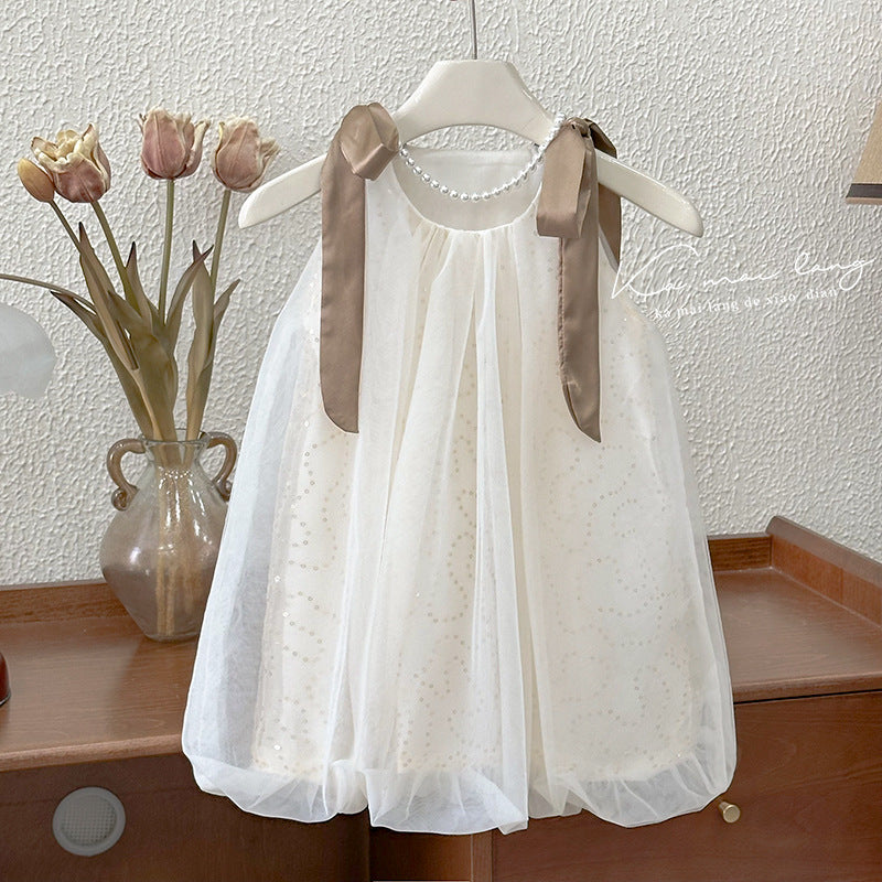 Girls' dress  summer new style chic sundress elegant baby girl floral bud sequin mesh skirt trendy