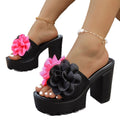 Plus size women's sandals for export -  summer new arrival: one-strap, floral appliqué, wedge heel, thick-soled beach slippers for cross-border e-commerce