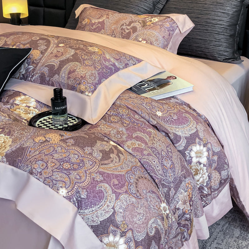 Spring and summer light luxury high-end 100s long-staple cotton printed bed four-piece set pure cotton wide-edge quilt cover cotton bed sheet 4