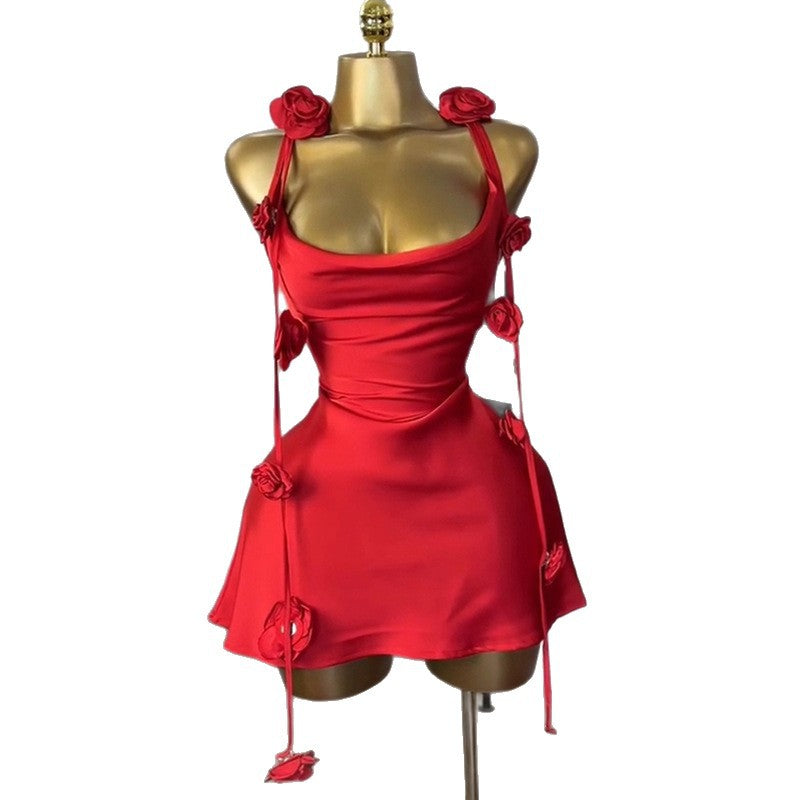 European and american cross-border women's fashion:  summer new arrival - high-end, elegant red floral print short cami dress