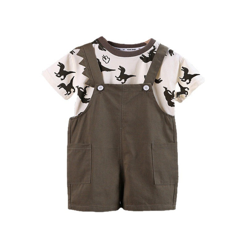 Kids' overalls set - boys' summer short-sleeve outfit: all-over dinosaur print crewneck tee + shorts 2-piece set