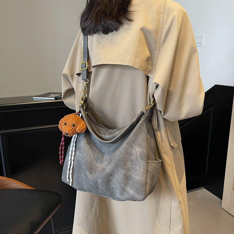 Grey textured large-capacity casual messenger bag 2025 new trendy fashion versatile simple style shoulder bag big bag