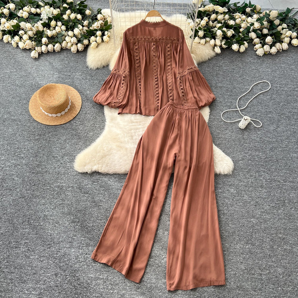 Elegant two-piece set for women, autumn : french court style lace patchwork lantern sleeve blouse with high-waisted wide-leg pants