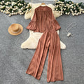 Elegant two-piece set for women, autumn : french court style lace patchwork lantern sleeve blouse with high-waisted wide-leg pants