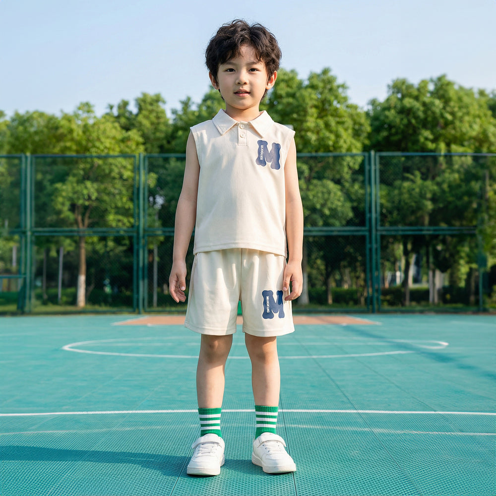 summer new boys' suit: breathable sleeveless top with turn-down collar design, stylish and casual two-piece set for kids