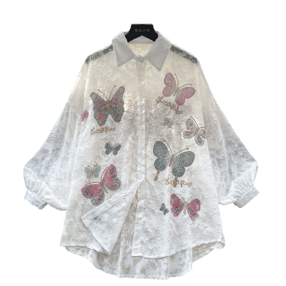 Luxury retro socialite style puff sleeve blouse - women's spring mesh embroidered loose fit chic & trendy top