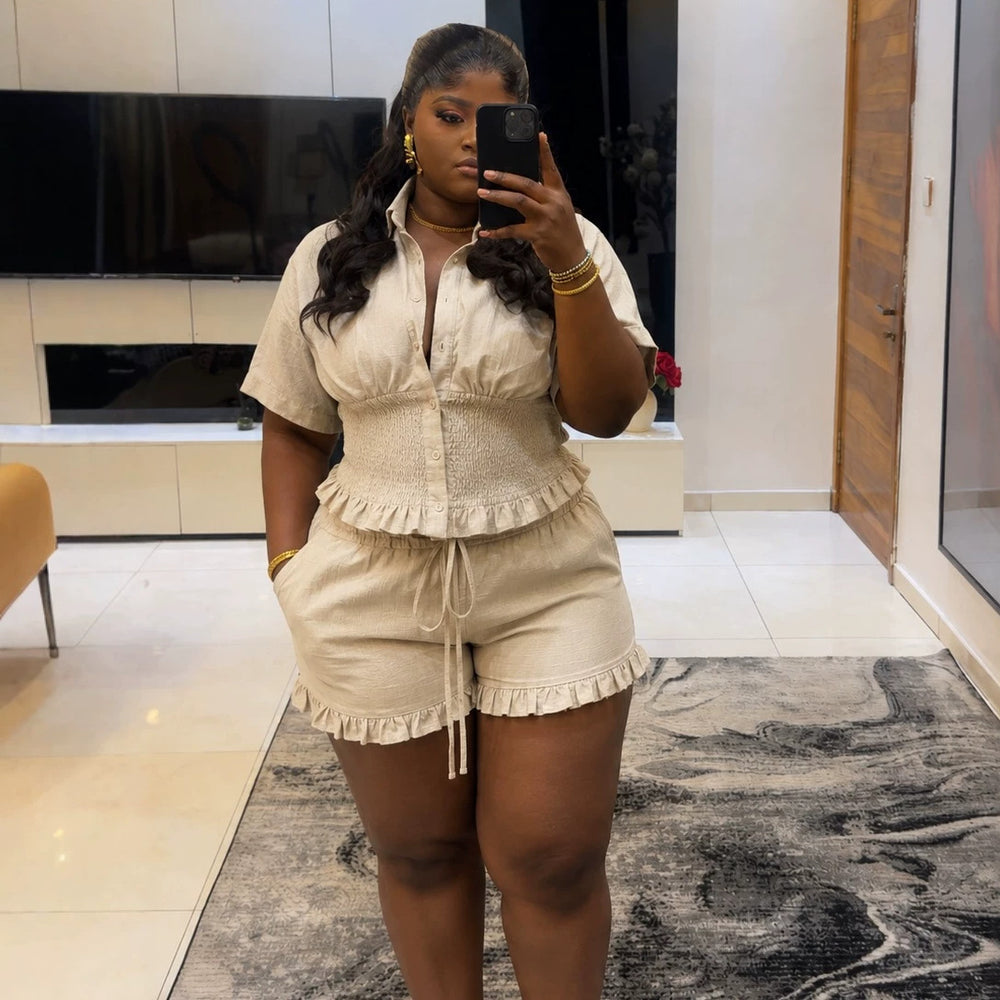 European and american style women's clothing  autumn new collection: sweet and fresh turn-down collar short-sleeve cinched waist blouse with high-waisted straight-leg shorts two-piece set