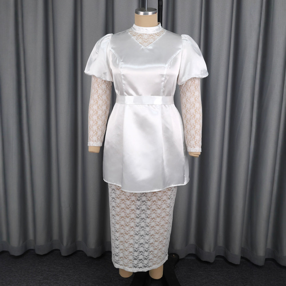 satinlacepatchwork high collar puff sleeve dress tie back waist slimming look party evening dress dress