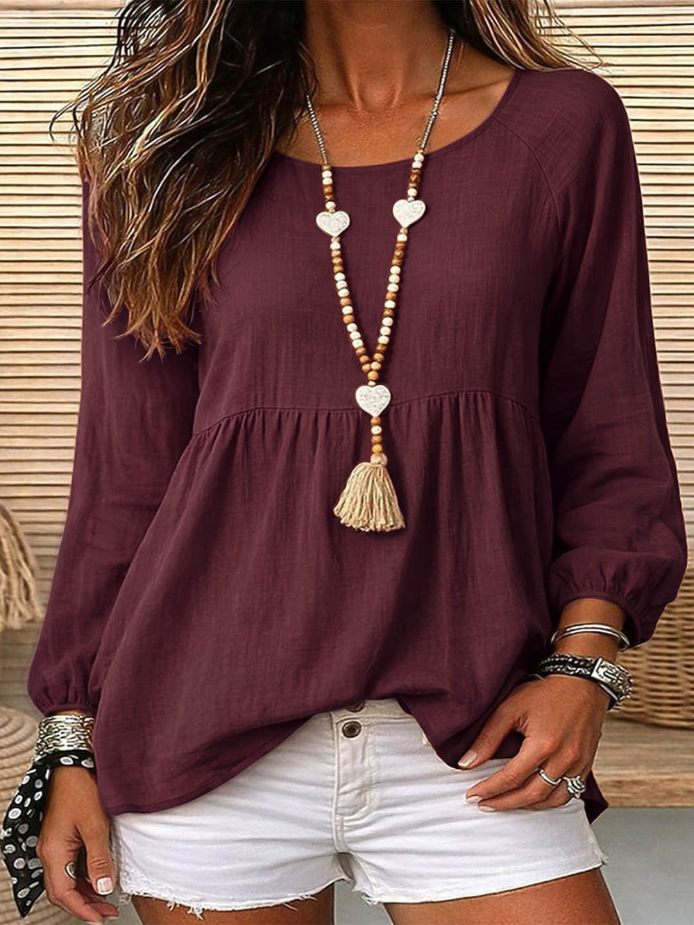 Export holiday style doll textured linen round neck cuff long sleeves pleated hem loose pullover shirt