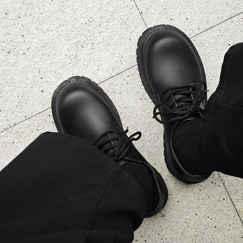 Men's leather dress shoes: spring casual retro chunky platform derby shoes, british style black wide fit trendy shoes
