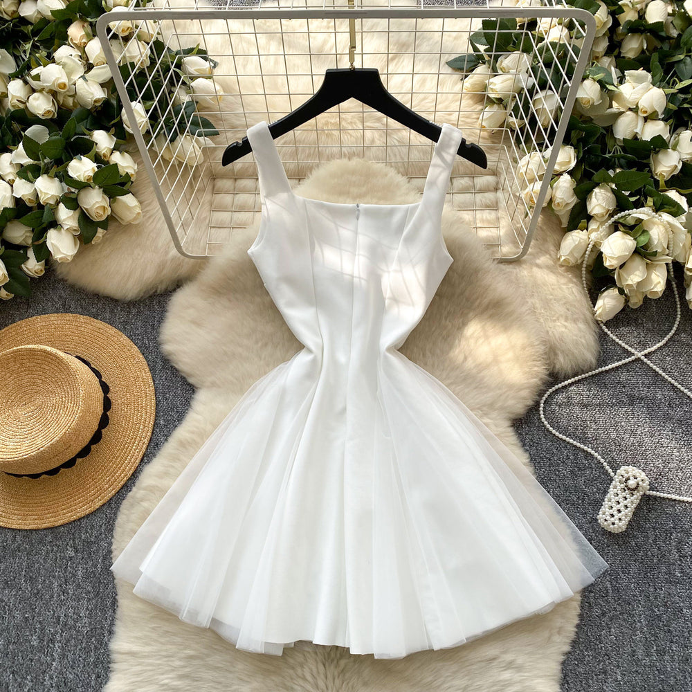 French hepburn style dress women's  summer high-end square neck camisole spliced mesh puffy gown maxi dress